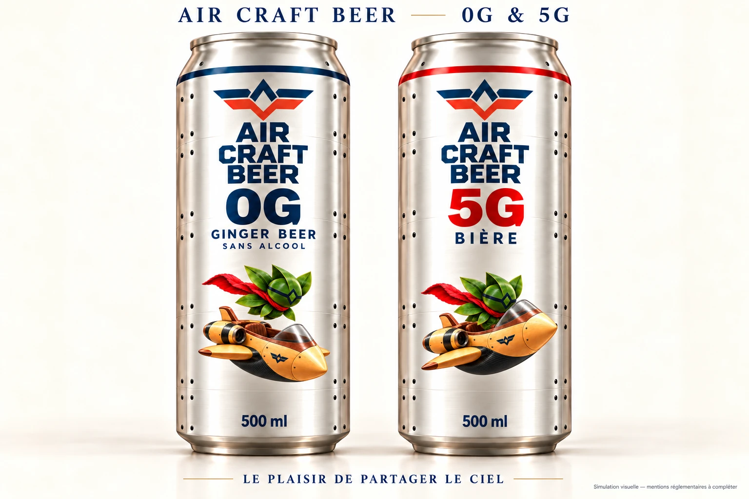 Visualisation des canettes aluminium AIR CRAFT BEER 0G et 5G, décorées de la mascotte et de son aéronef